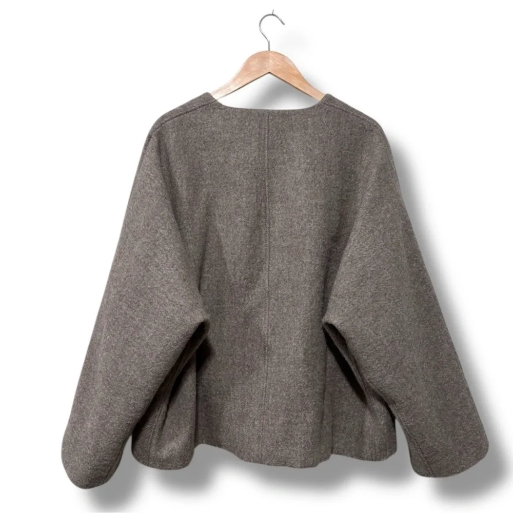 Zara Manteco Italian Wool Taupe Brown Oversized Crop Jacket Size Medium - Picture 6 of 9
